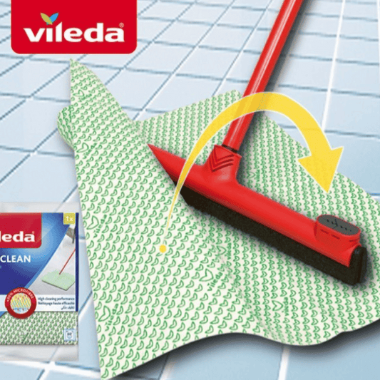 Vileda Floor Wiper Easy Fix 42 CM with a Stick, Cloth Fix Slot, High water Wiping Efficiency, Foam, 42 x 4 x 136 CM - Red