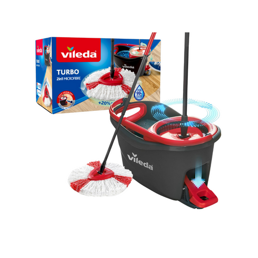 Vileda Turbo Rotating Mop Bucket Set with Foot Pedal |Telescopic Handle 85 â 123 cm | Floor mop with spinning wringer | Turbo 2in1 Microfibre Mop Head