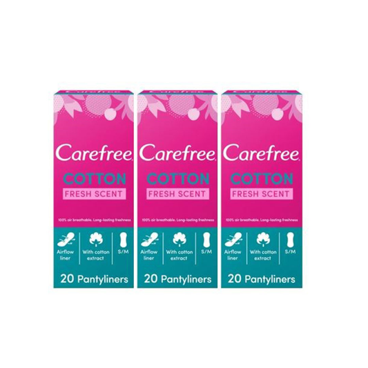 Carefree Cotton Feel Panty Liners With Fresh Scent 20s, Pack of 2+1 Free