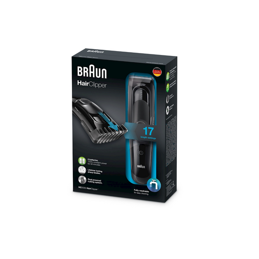 Braun Hair clipper HC5050 with 2 combs for 16 precise length settings and pouch.