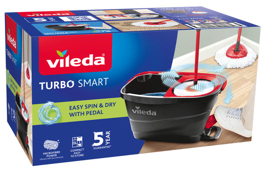 Vileda Turbo Rotating Mop Bucket Set with Foot Pedal |Telescopic Handle 85 – 123 cm | Floor mop with spinning wringer | Turbo 2in1 Microfibre Mop Head