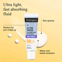 Neutrogena Ultra Sheer Invisible Fluid Age Shield SPF50 Sunscreen, 50ml
