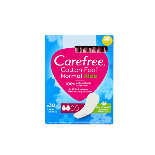 Carefree Cotton Feel Panty Liners With Aloe Vera, Single 30's