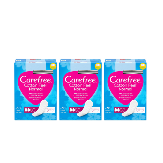 Carefree Cotton Feel Panty Liners Normal, Single Wrapped 30's, Pack of 2+1 Free