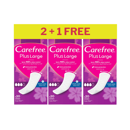 Carefree Plus Large Panty Liners With Fresh Scent 20s, Pack of 2+1 Free