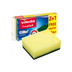 Vileda Glitzi Flexible Scourer Sponge, Antibacterial, Multi-purpose, Yellow & Green, 2+1 Pcs