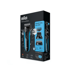 Braun Series 3 Shave&Style 3010BT Wet & Dry shaver, trimmer head & 5 combs, blue.