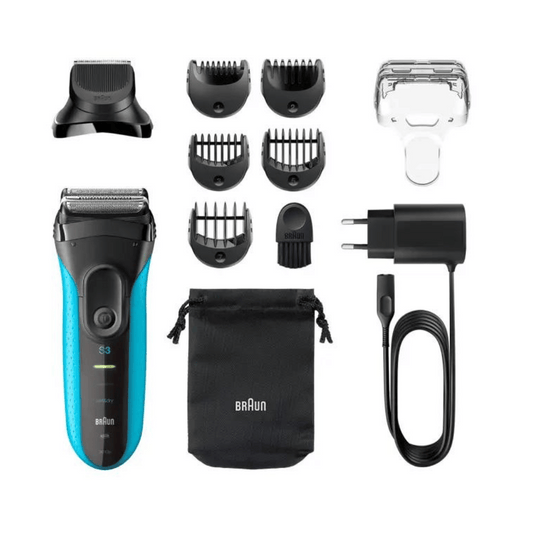 Braun Series 3 Shave&Style 3010BT Wet & Dry shaver, trimmer head & 5 combs, blue.