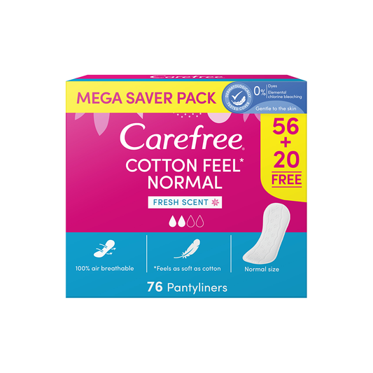 Carefree Cotton Feel Panty Liners Normal With Fresh Scent, 56+20 Free