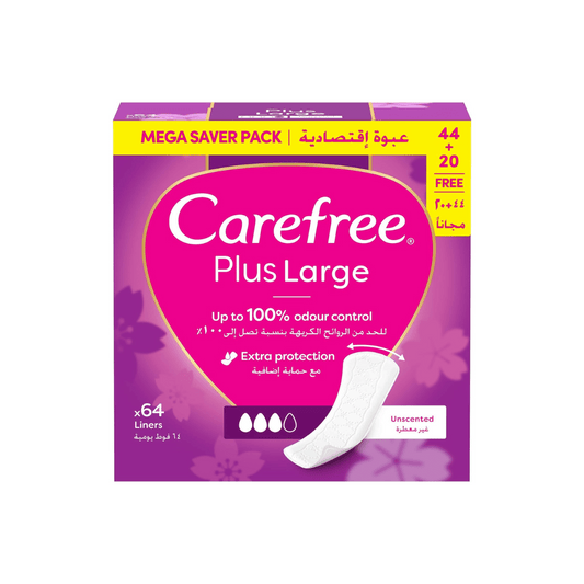 Carefree Plus Large Panty Liners Unscented, 44+20 Free