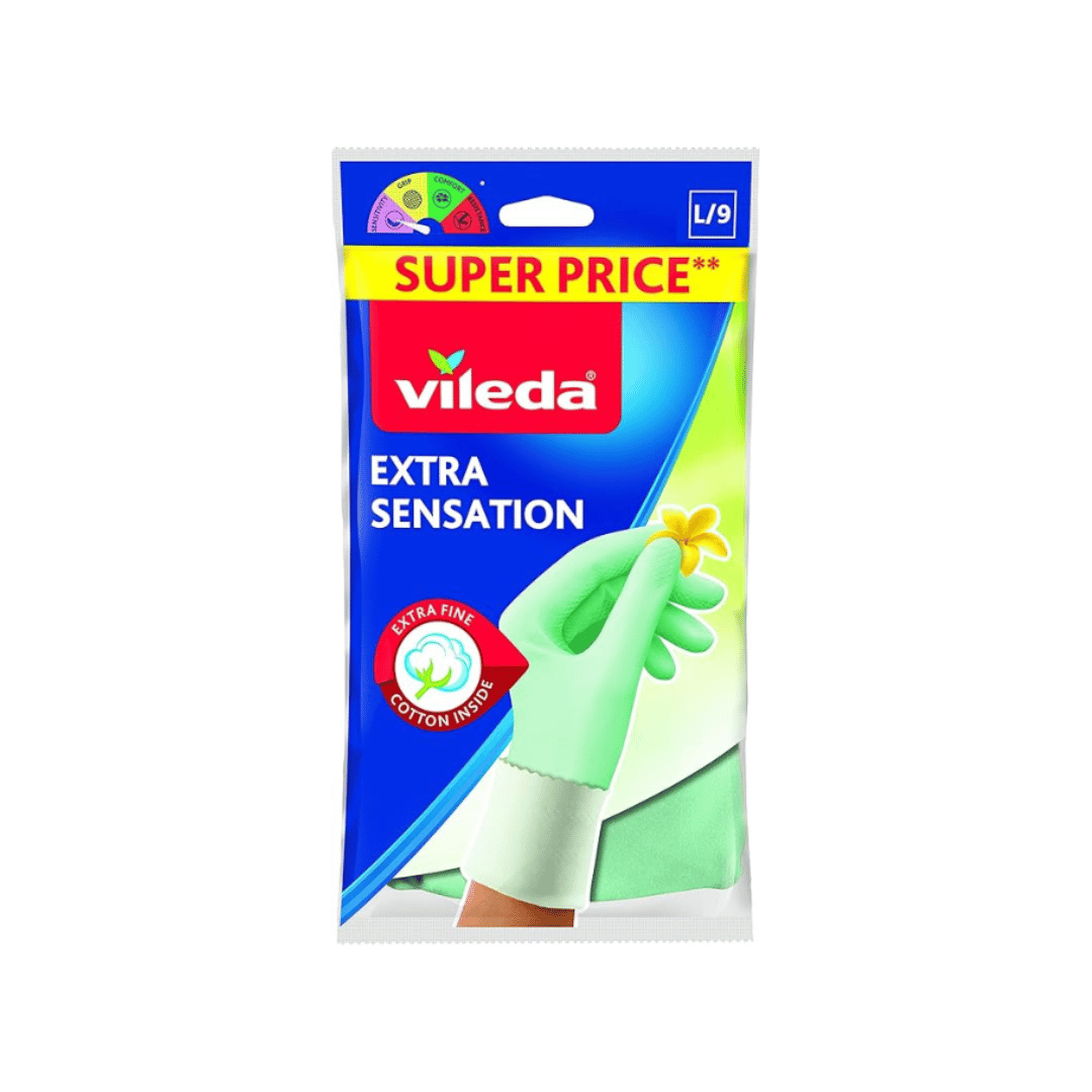 Vileda Extra Sensation Very Sensitive and Plush Inside Cotton Gloves, Large Size, Alloy Steel, Green, L