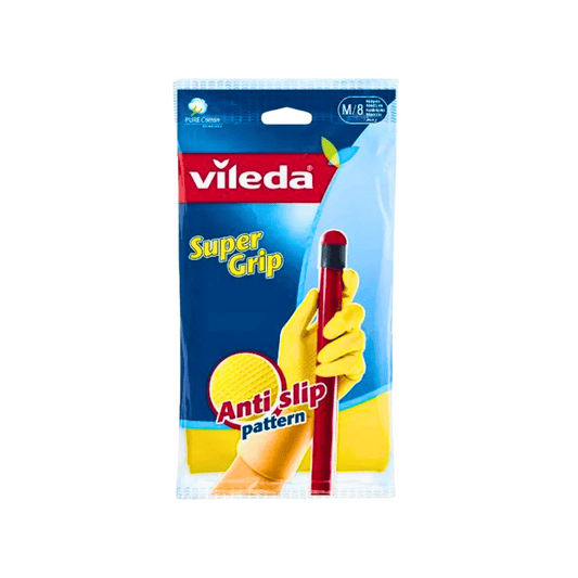 Vileda Super Grip Reusable Gloves M, Flexible, Waterproof Rubber Latex, Tear-Proof, Excellent Grip, Medium Size, Yellow (1 Pair Per Pack)