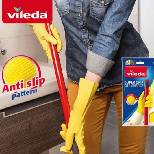 Vileda Super Grip Reusable Gloves M, Flexible, Waterproof Rubber Latex, Tear-Proof, Excellent Grip, Medium Size, Yellow (1 Pair Per Pack)
