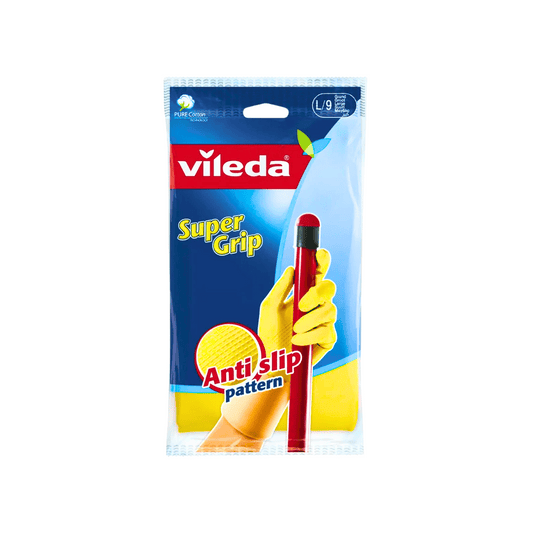 Vileda Super Grip Reusable Gloves L, Flexible, Waterproof Rubber Latex, Tear-Proof, Excellent Grip, L Size, Yellow (1 Pair Per Pack)