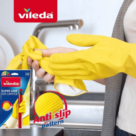 Vileda Super Grip Reusable Gloves L, Flexible, Waterproof Rubber Latex, Tear-Proof, Excellent Grip, L Size, Yellow (1 Pair Per Pack)
