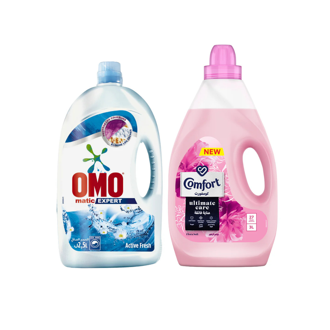Omo Active Clean 2.5L + Comfort Pink 3L @ 25% OFF