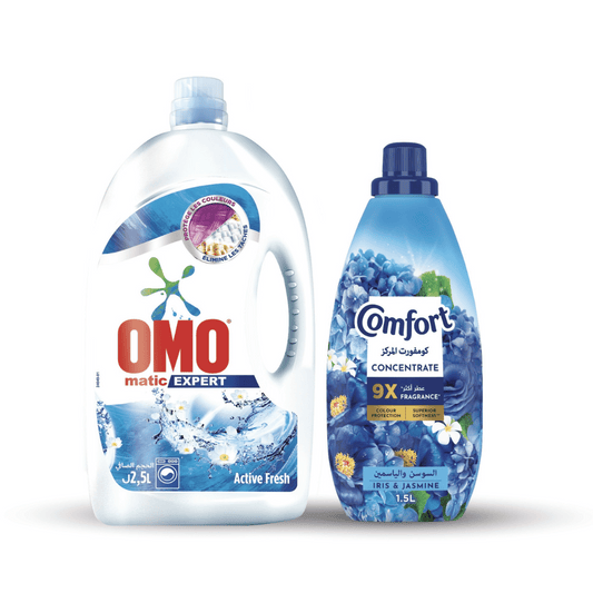 Omo Laundry Matic Active Fresh 2.5L + Comfort Iris & Jasmine 1.5L @ 25% OFF