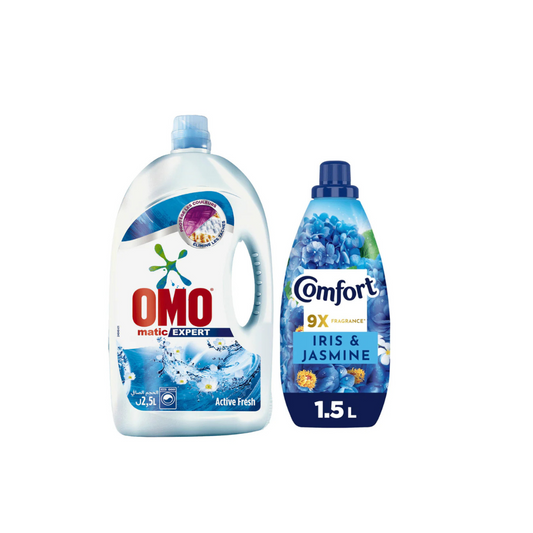 Omo Laundry Matic Active Fresh 2.5L + Comfort Iris & Jasmine 1.5L @ 25% OFF