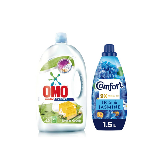 Omo Laundry Matic Expert Savon De Marseille 2.5L + Comfort Iris & Jasmine 1.5L @ 25% OFF