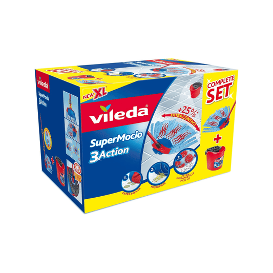 Vileda Supermop 3-Action Set of Wringer Bucket + Mop with 3D Head
