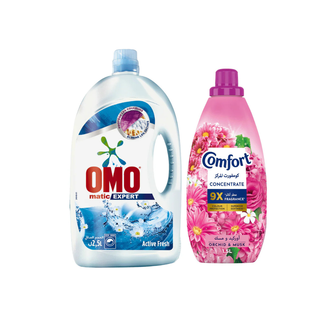 Omo Laundry Matic Active Fresh 2.5L + Comfort Orchid & Musk 1.5L @ 20% OFF