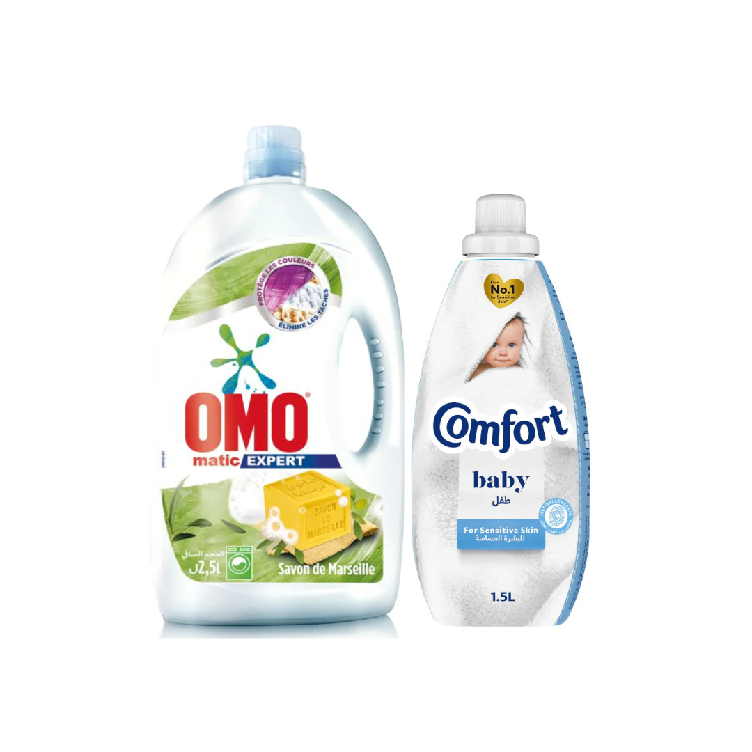 Omo Laundry Matic Savon De Marseille 2.5L + Comfort Baby 1.5L @ 20% OFF