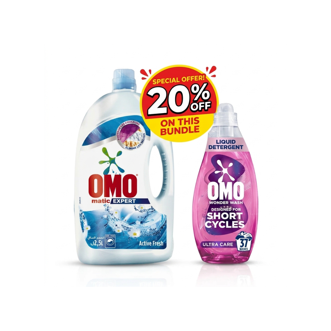 Omo Laundry Matic Active Fresh 2.5L + Omo Wonder Wash Care 1.48L, @ 20% OFF