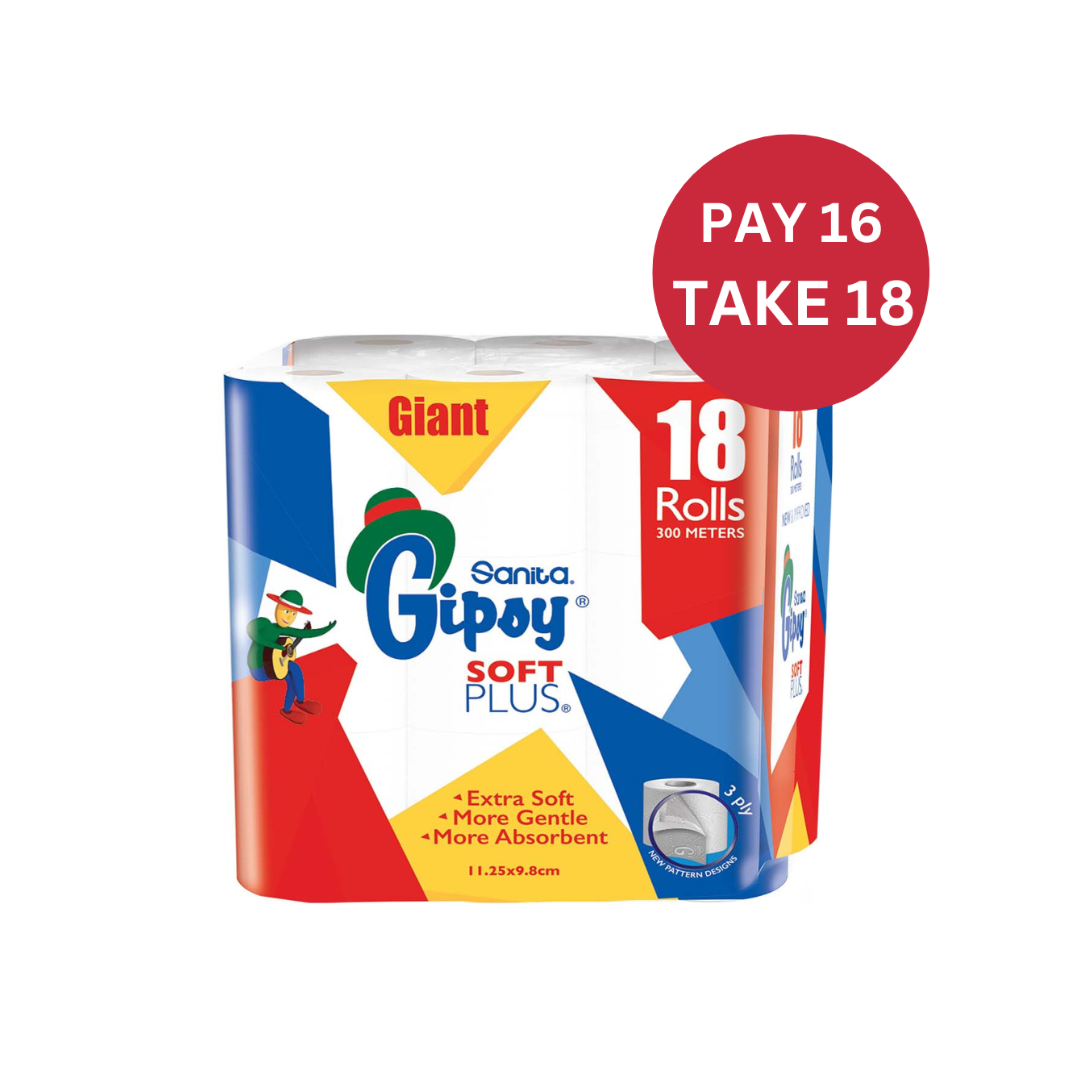 Gipsy Toilet Paper Soft Plus 3 Ply, Pay 16 Take 18 Rolls, 300m