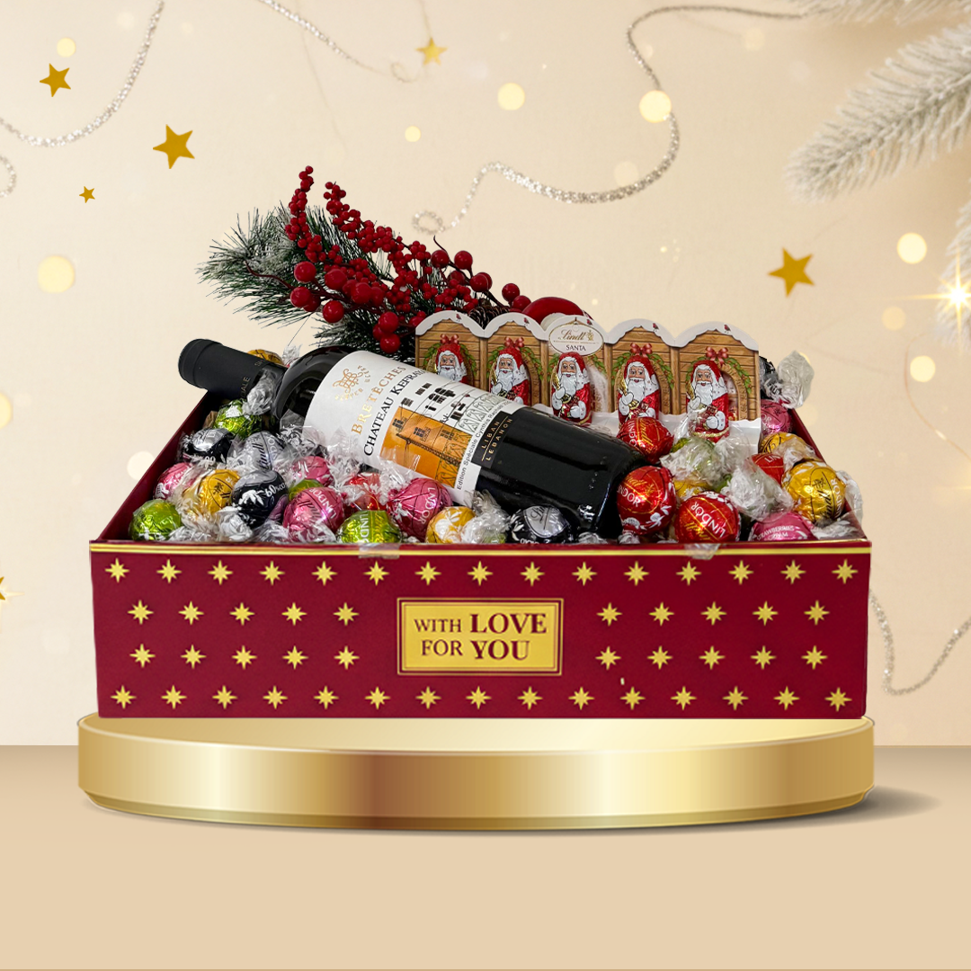 Lindt Christmas Hamper Lindor Assorted 500g + Chateau Kefraya Breteches Red Wine 75cl