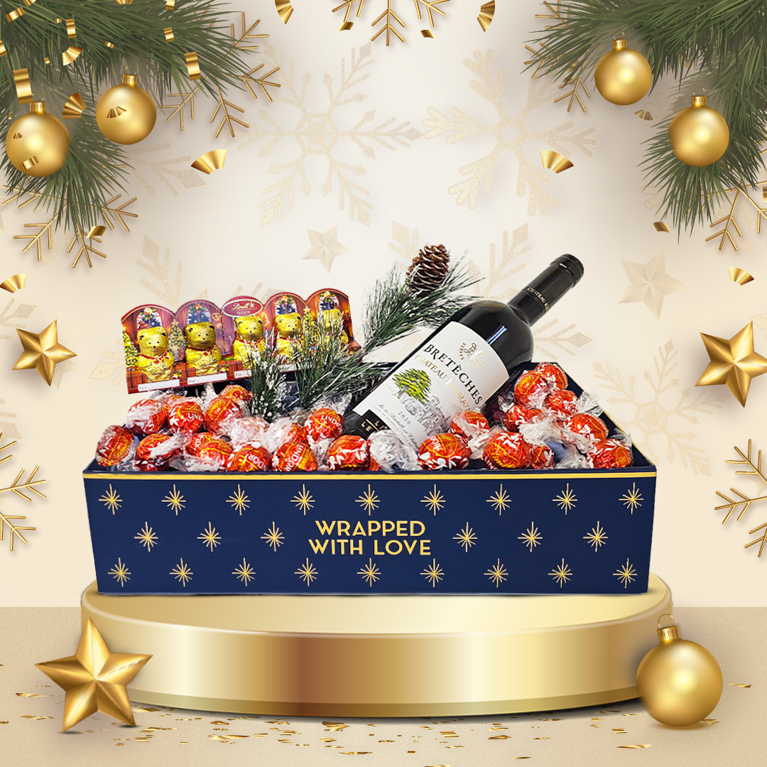 Lindt Christmas Hamper Lindor Milk 500g + Chateau Kefraya Breteches Red Wine 75cl