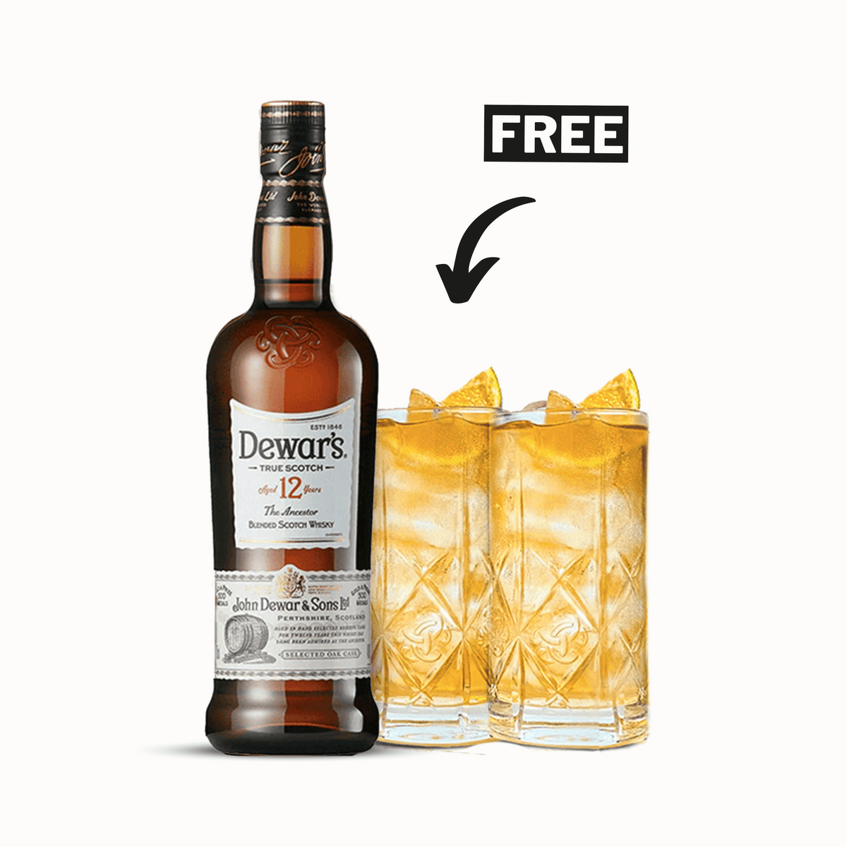 Dewar's 12 Year Old Blended Scotch Whisky 75cl + 2 Free Glasses