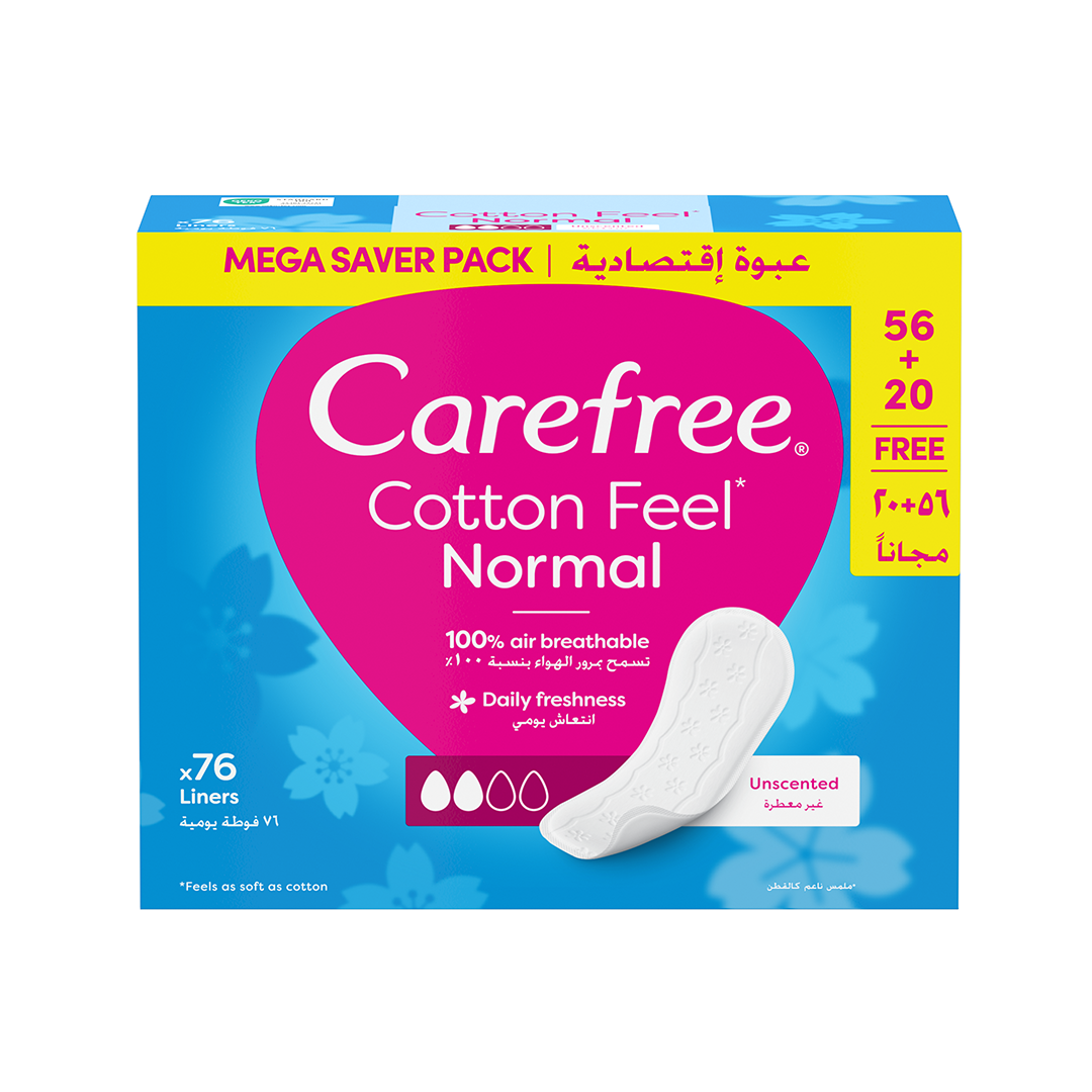 Carefree Cotton Feel Panty Liners Unscented, 56+20 Free