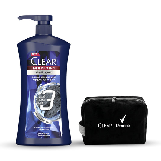 Buy Clear Men Shower 3 In 1 Hair, Body, Face 900ml, Get Free Pouch
