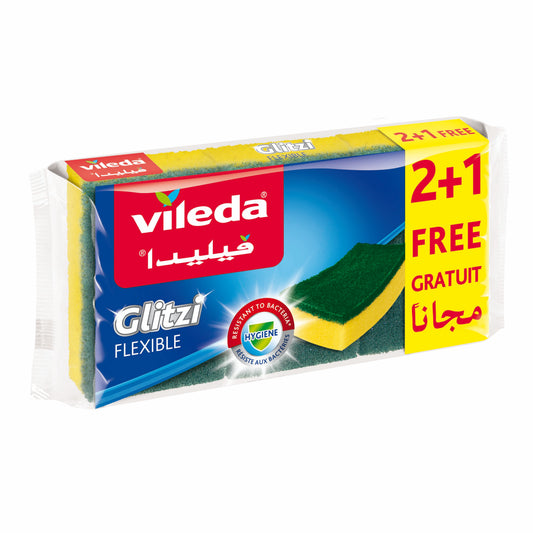 Vileda Glitzi Flexible Scourer Sponge, Antibacterial, Multi-purpose, Yellow & Green, 2+1 Pcs