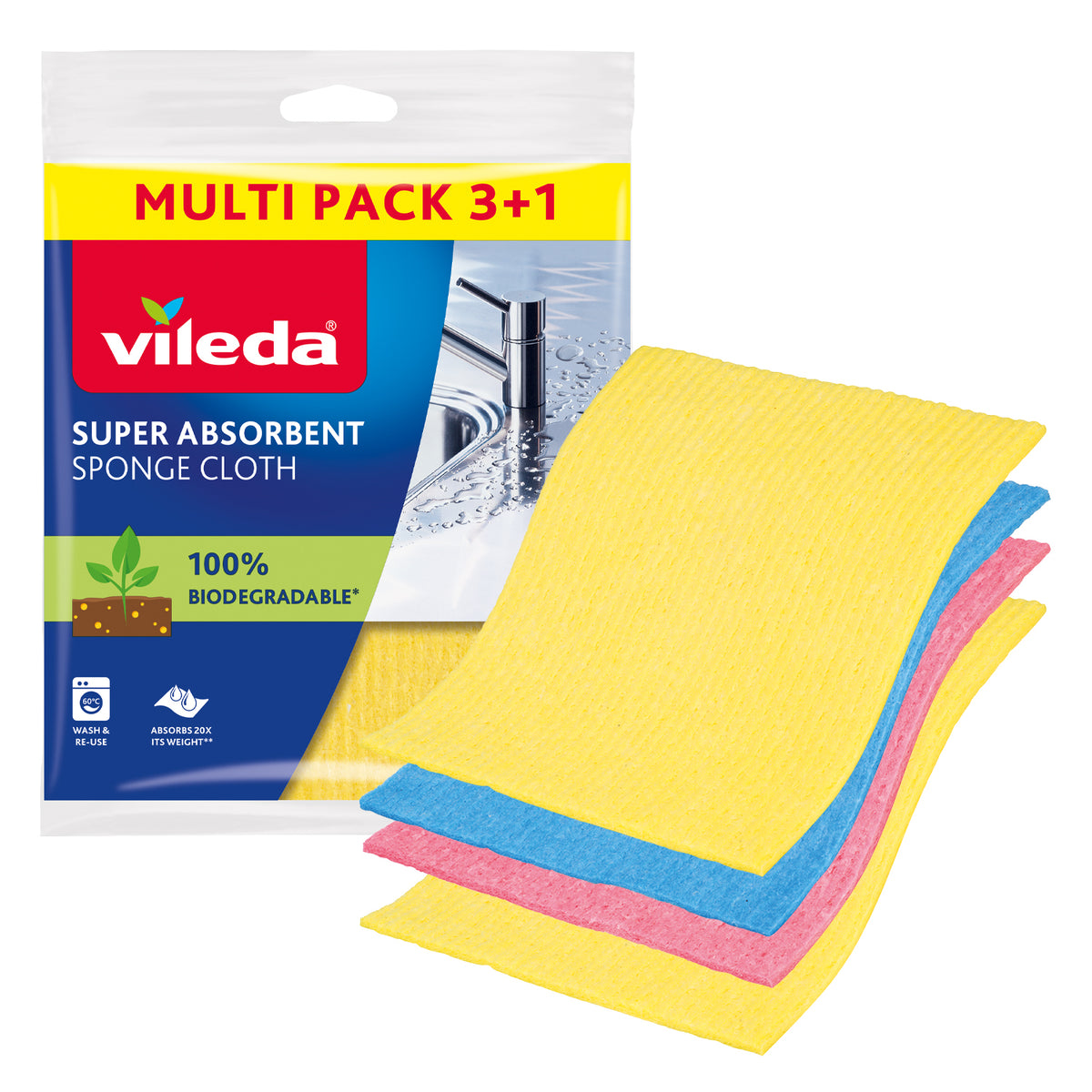 Vileda Sponge Cloth, Pack of 3 + 1 Free