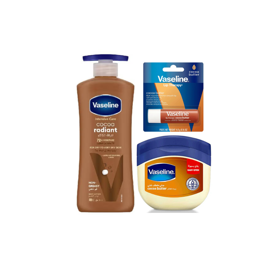 Vaseline Cocoa Bundle, Body Lotion 400ml + Lip Stick + Jelly 100ml, 10% OFF