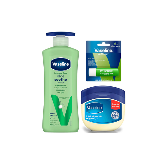 Vaseline Aloe Vera Bundle, Body Lotion 400ml + Lip Stick + Jelly 100ml, 10% OFF