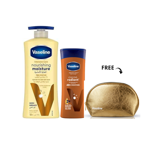 Vaseline Body Lotion Nourishing 725ml + Cocoa 200ml, Get Free Pouch