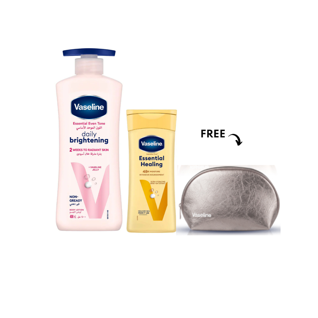 Vaseline Body Lotion Brightening 725ml + Nourishing 200ml, Get free Pouch