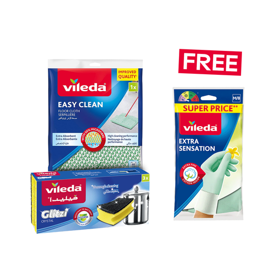 Vileda Floor Cloth 3 Pcs + Glitzi Crystal 3 Pcs Get Free Medium Gloves