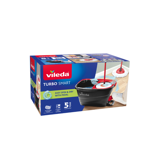 Vileda Turbo Rotating Mop Bucket Set with Foot Pedal |Telescopic Handle 85 – 123 cm | Floor mop with spinning wringer | Turbo 2in1 Microfibre Mop Head