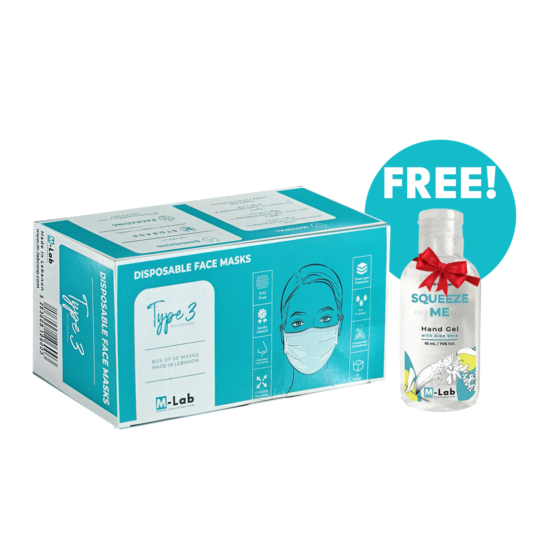 M-Lab Disposable Face Mask 3 Ply Type 3 - 50pcs + Free Hand Sanitizer 65ml