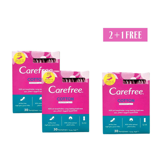 Carefree Cotton Feel Panty Liners Normal, Single Wrapped 30's, Pack of 2+1 Free