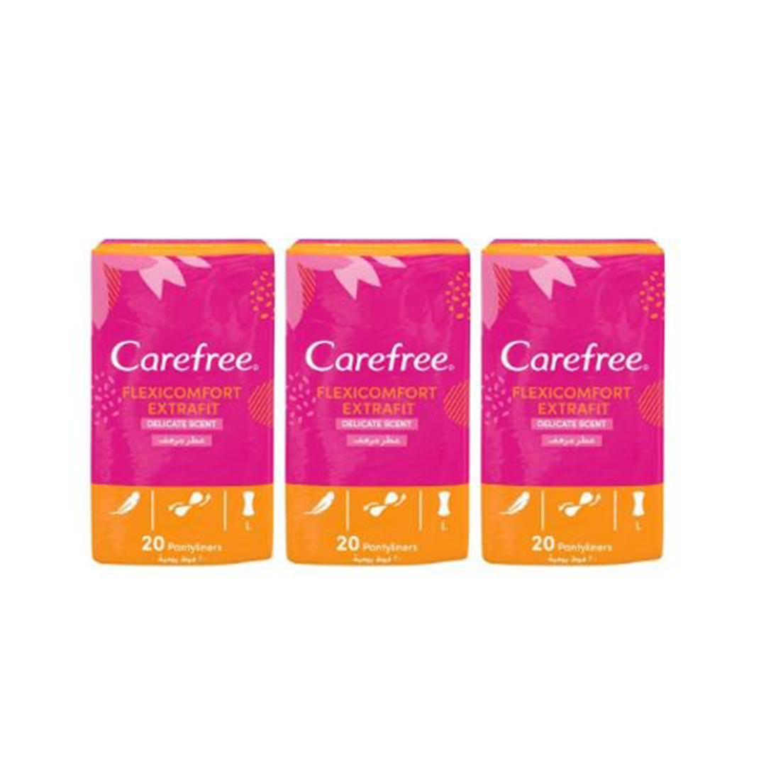 Carefree FlexiComfort Panty Liners Extra Fit Delicate Scent 20s, Pack of 2+1 Free